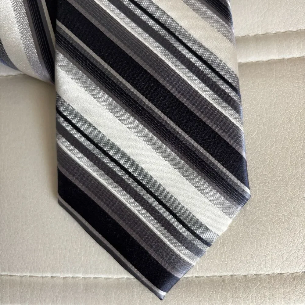 CK Calvin Klein Men's 100% Silk Gray Blue White Striped Necktie Classic Tie